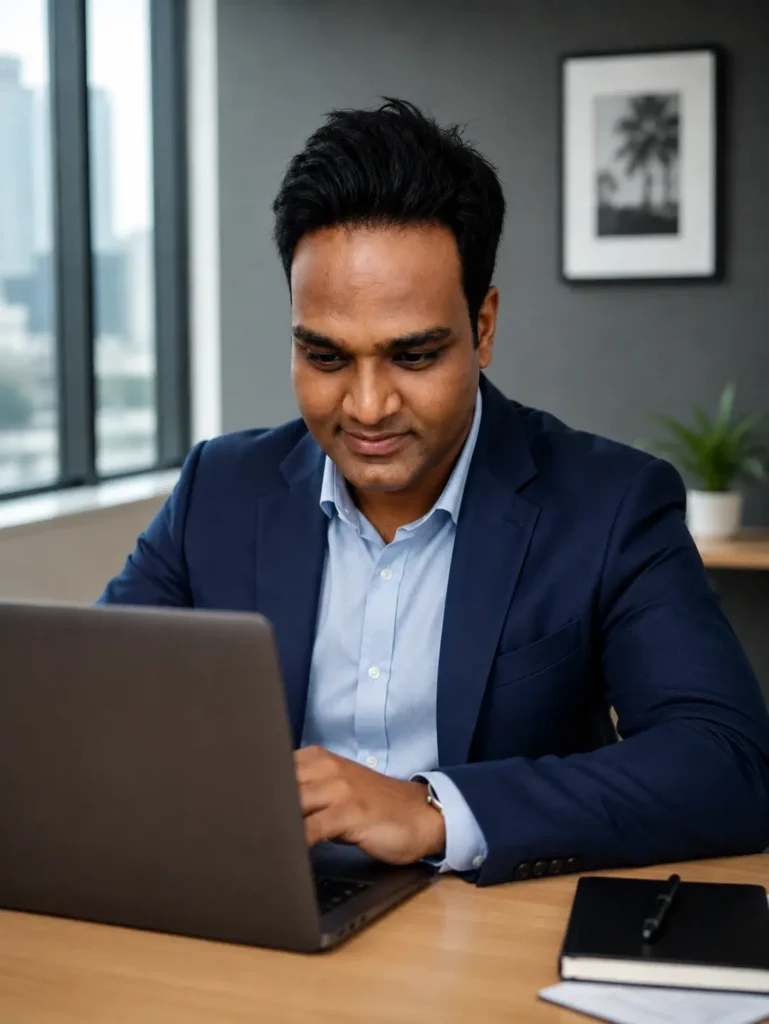 Abhay saxena having blue blazer working on laptop is a best seo freelancer in delhi ncr