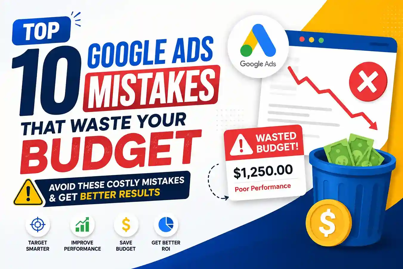 Illustration showing the top 10 Google Ads mistakes that waste advertising budget, including poor targeting, declining performance, wasted spend, and optimization opportunities to improve ROI and campaign results.