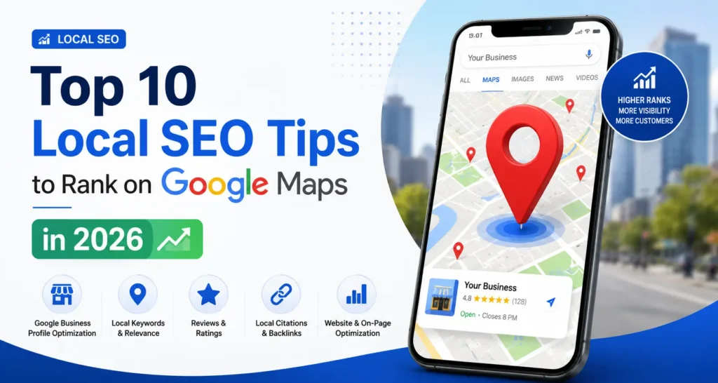 Top 10 Local SEO Tips to Rank on Google Maps in 2026 banner featuring Google Maps location pin, smartphone map interface, Google Business Profile optimization, local citations, reviews, local keywords, and Google Maps ranking strategies.