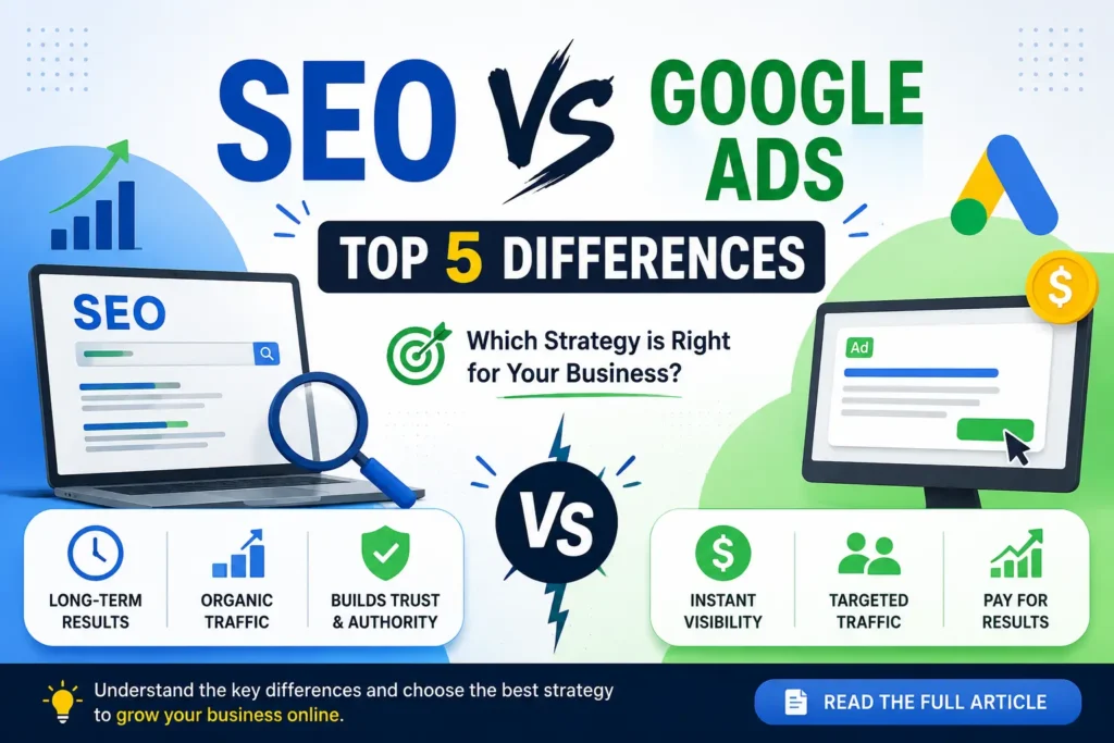 Banner comparing SEO and Google Ads with the top five differences, including organic traffic, instant visibility, trust, and advertising costs.