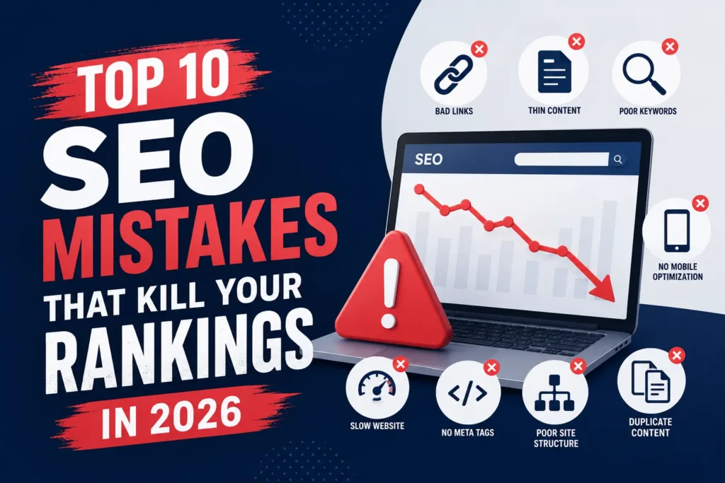 Top 10 SEO Mistakes That Kill Your Rankings in 2026 banner with a laptop showing declining SEO performance and common SEO errors.
