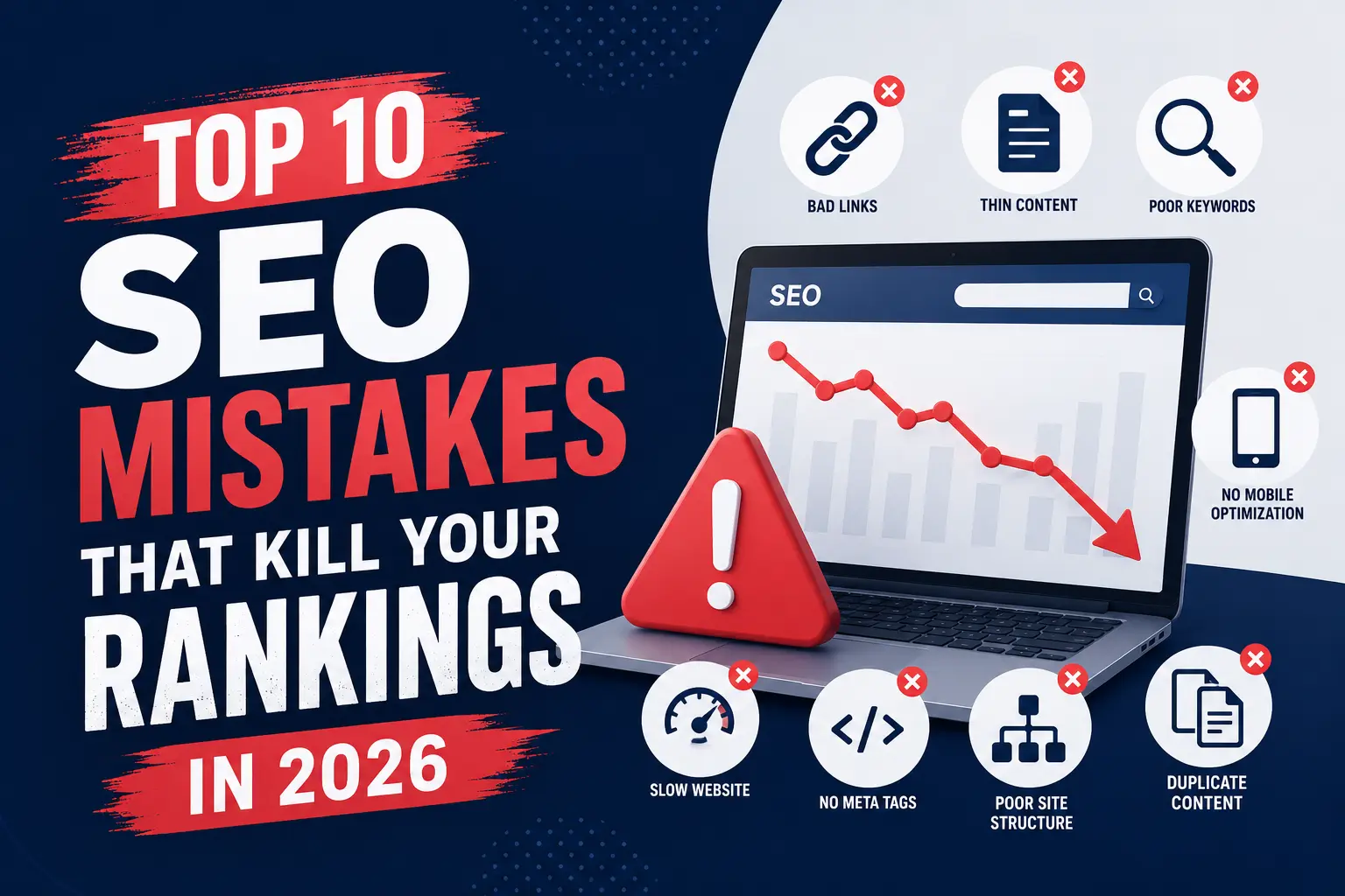 Top 10 SEO Mistakes That Kill Your Rankings in 2026 banner with a laptop showing declining SEO performance and common SEO errors.