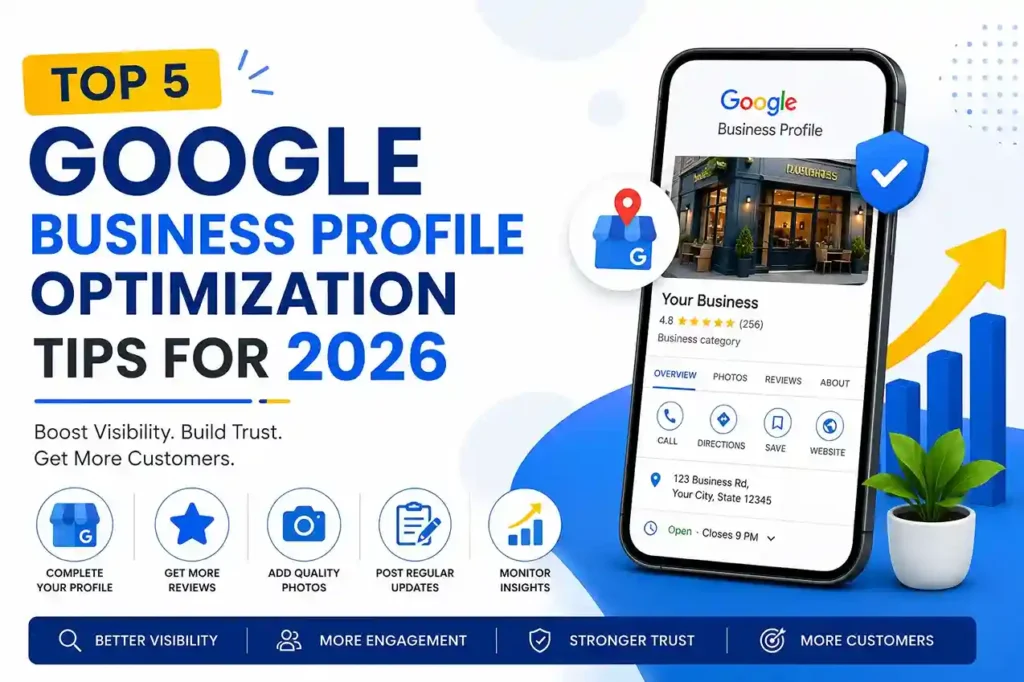 Modern blog banner showing Google Business Profile optimization strategies for better local search visibility in 2026.