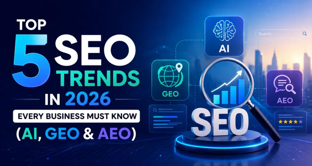 Top 5 SEO Trends in 2026 Every Business Must Know featuring AI SEO, GEO (Generative Engine Optimization), AEO (Answer Engine Optimization), search growth analytics, and futuristic digital marketing elements.