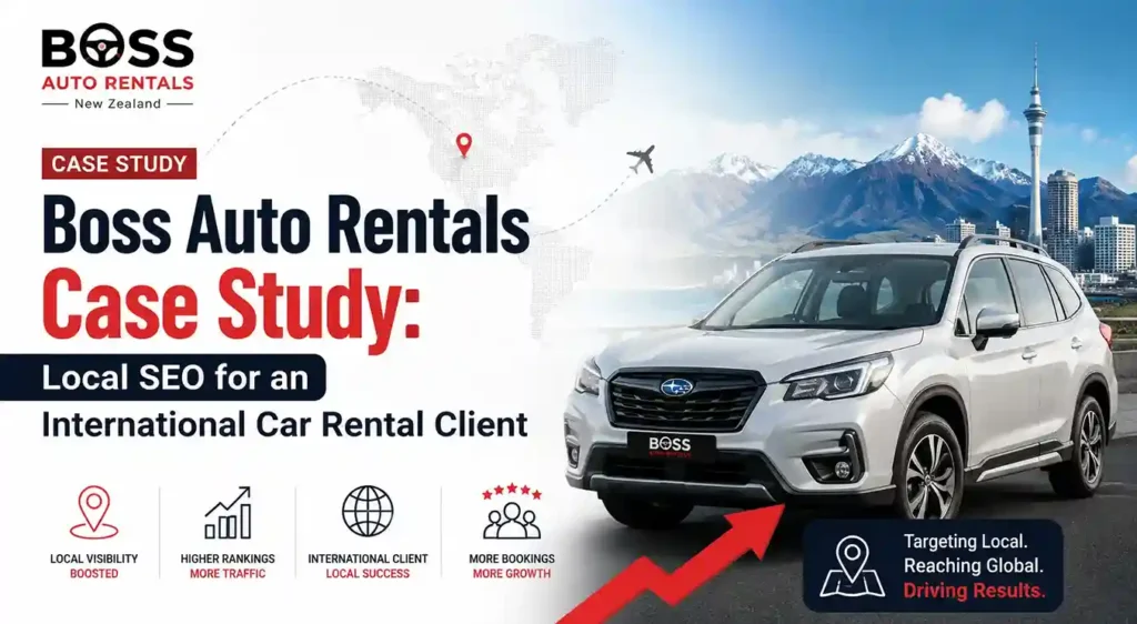 Boss Auto Rentals case study banner showcasing local SEO success for an international car rental client in New Zealand
