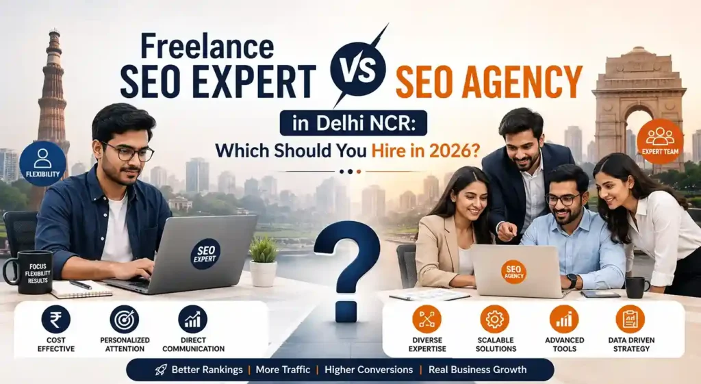 Freelance SEO Expert vs SEO Agency in Delhi NCR – visual comparison of personalized SEO services and full-service agency solutions for 2026.