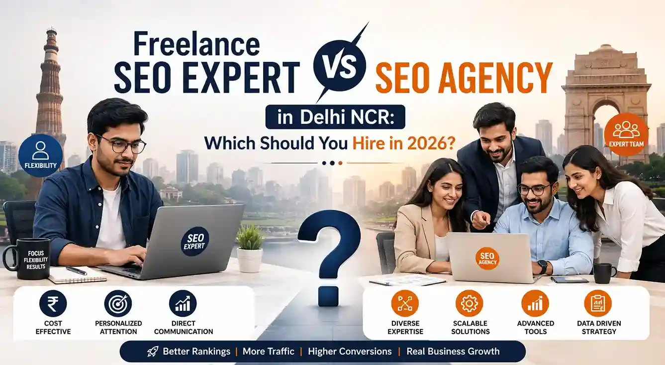 Freelance SEO Expert vs SEO Agency in Delhi NCR – visual comparison of personalized SEO services and full-service agency solutions for 2026.