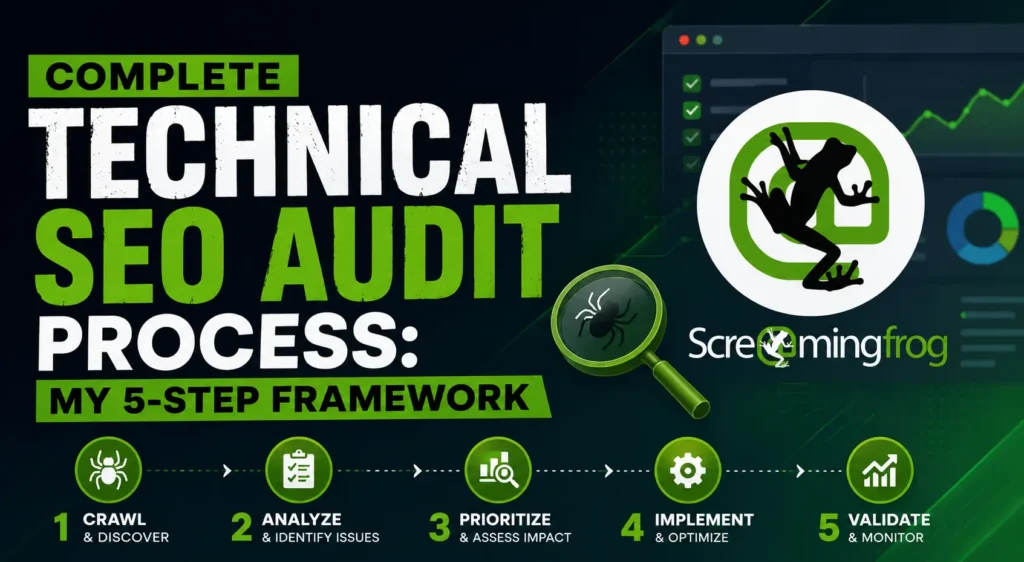 Complete Technical SEO Audit Process: My 5-Step Framework featuring Screaming Frog for crawling, analyzing, prioritizing, implementing, and validating SEO issues