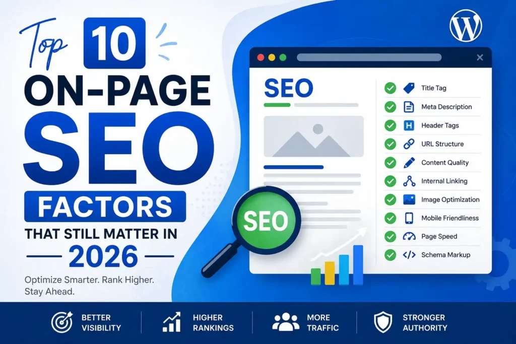Hero banner contains top 10 on-page SEO factors that still matter in 2026, including title tags, meta descriptions, header tags, content quality, internal linking, image optimization, mobile friendliness, page speed, URL structure, and schema markup