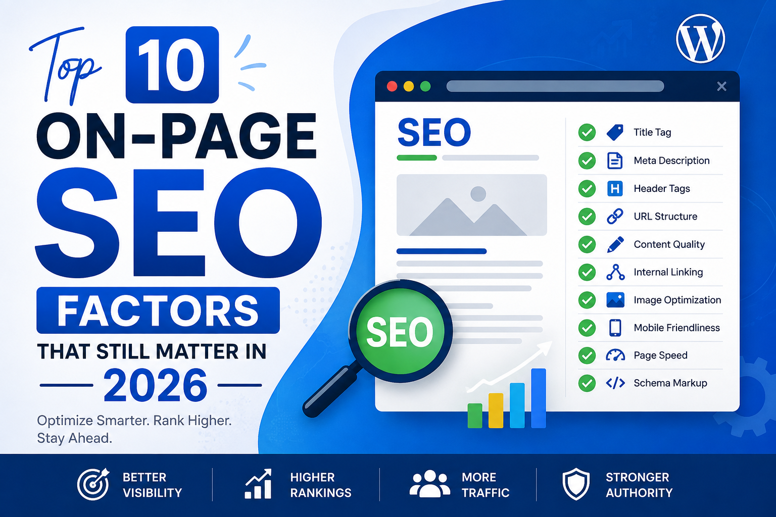 top 10 on-page SEO factors that still matter in 2026, including title tags, meta descriptions, header tags, content quality, internal linking, image optimization, mobile friendliness, page speed, URL structure, and schema markup