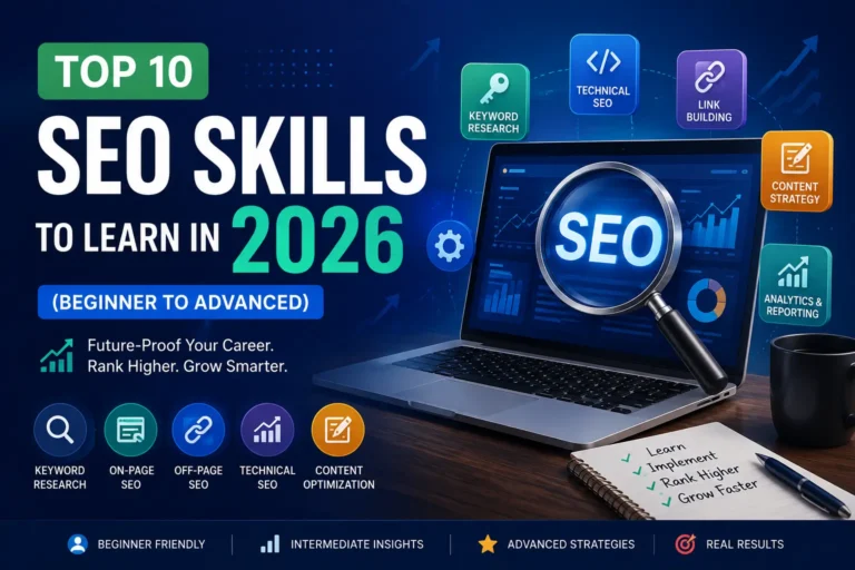 Beginner to advanced SEO skills infographic banner highlighting keyword research, on-page SEO, technical SEO, link building, analytics, and content strategy.