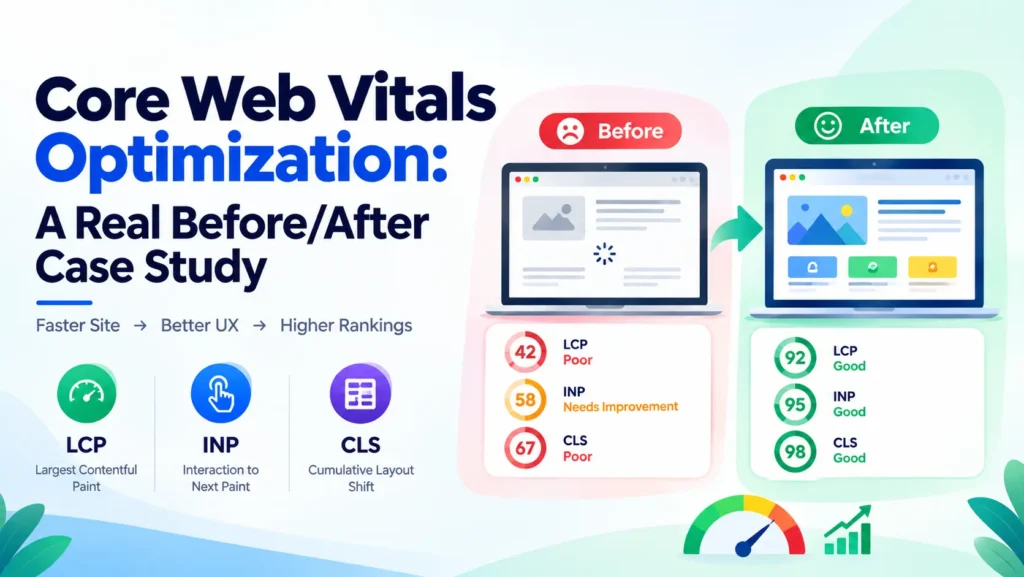 Core Web Vitals optimization before and after case study showing improved LCP, INP and CLS performance