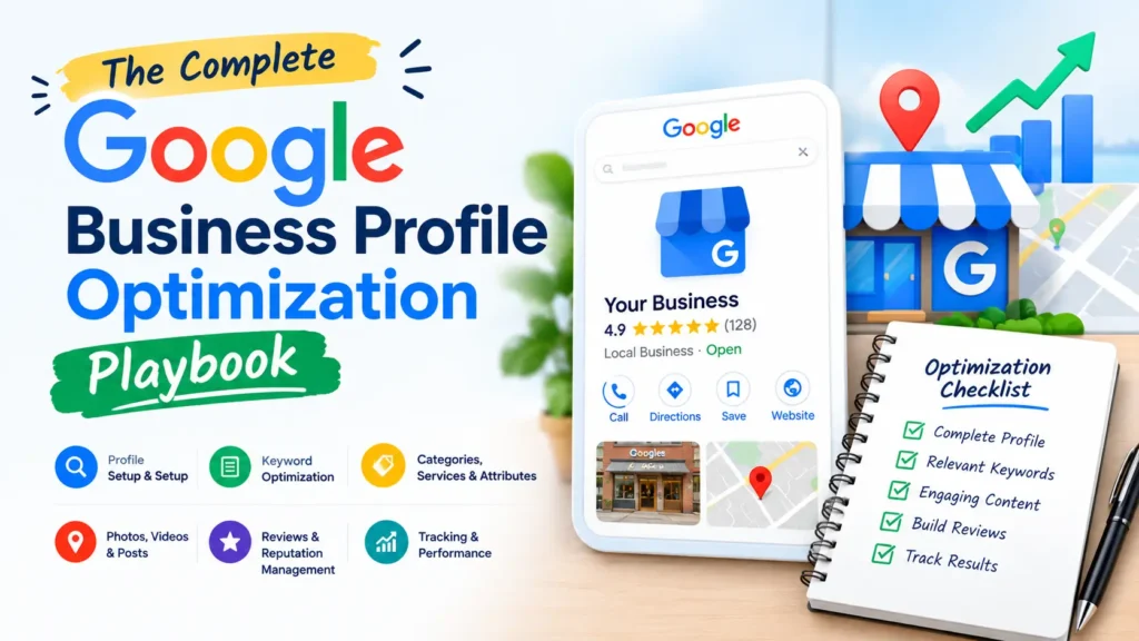 The Complete Google Business Profile Optimization Playbook showing a Google Business Profile, optimization checklist, keywords, reviews, posts, and performance tracking