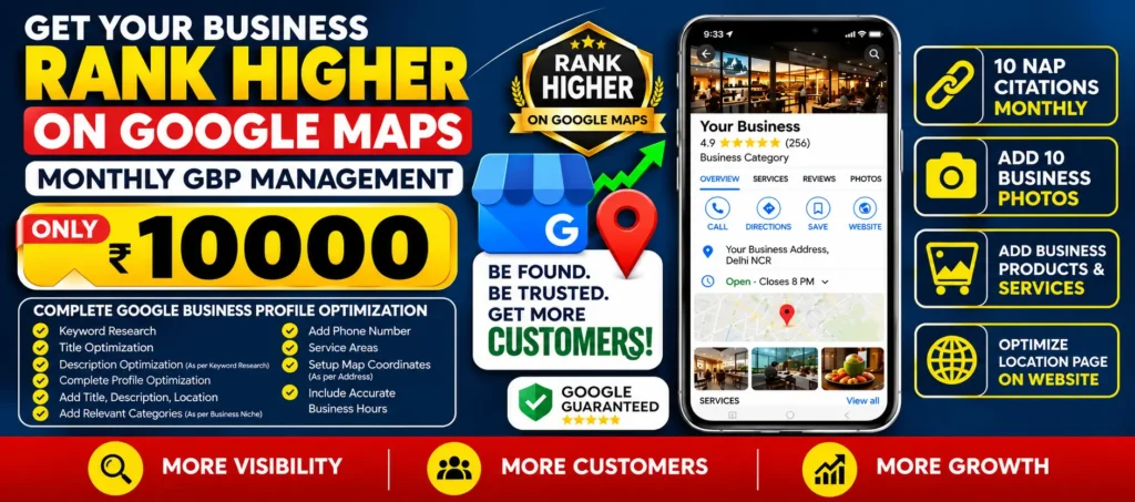 Google Business Profile management banner promoting higher Google Maps rankings, ₹10,000 monthly GBP management, 10 NAP citations, business photos, products and services, and location page optimization.