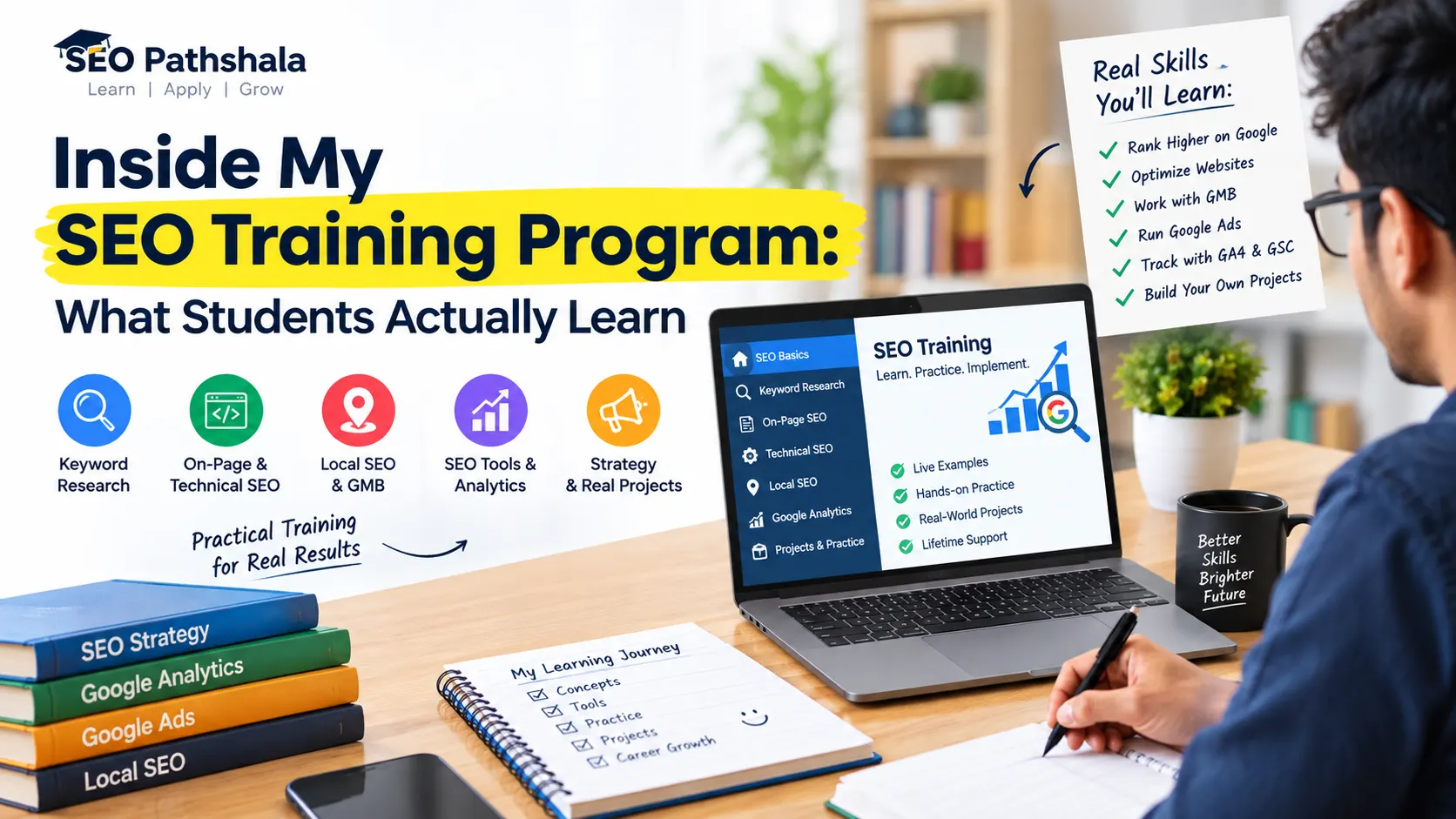 Inside My SEO Training Program: what students learn in practical SEO training, including keyword research, on-page and technical SEO, local SEO, GMB, SEO tools, analytics, and real-world projects