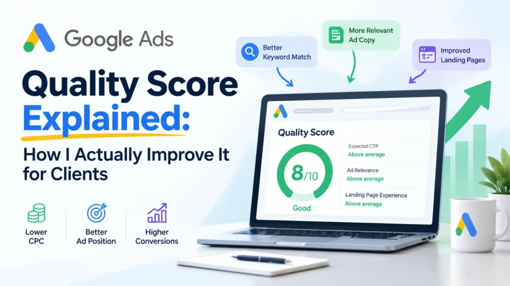 Google Ads Quality Score dashboard showing 8/10 score with improved ad relevance, expected CTR, and landing page experience