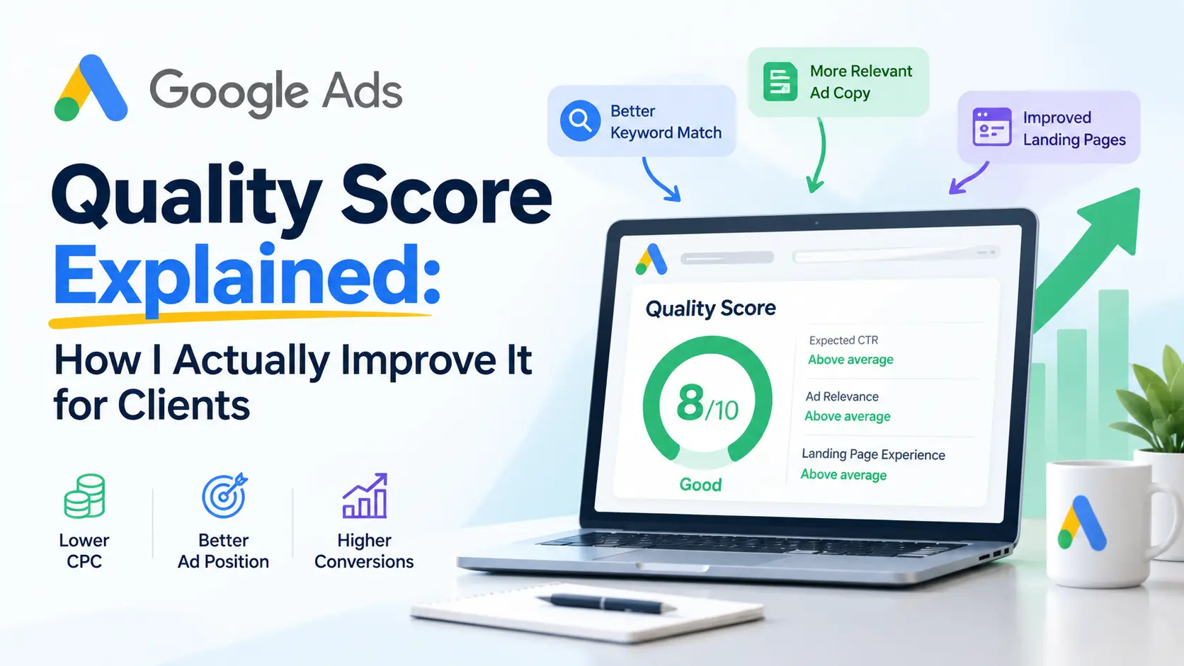 Google Ads Quality Score dashboard showing 8/10 score with improved ad relevance, expected CTR, and landing page experience